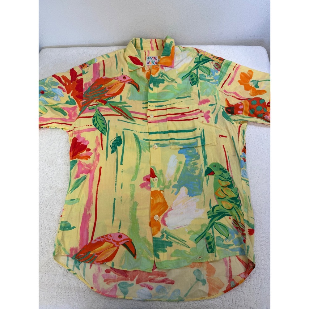 Vintage Jams World 90s Parrot Tropical Floral Print Button Down Shirt Yellow S